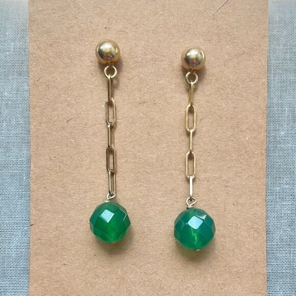 NWOT Green Onyx Sterling Silver Gold Pleated Drop Earrings - Picture 3 of 7
